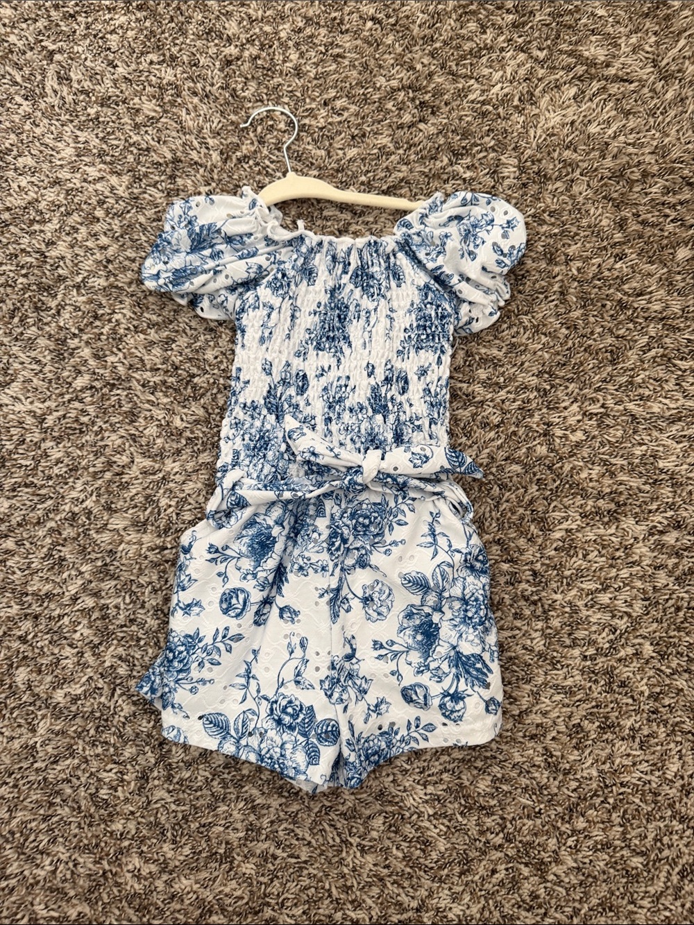 Elie Tahari White and Blue Floral Smocked Romper